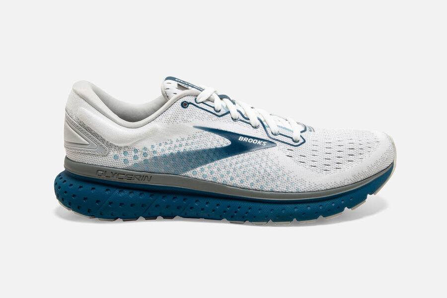 Mens Brooks Glycerin 18 Road Shoes White/Grey/Poseidon | 716930-EUO